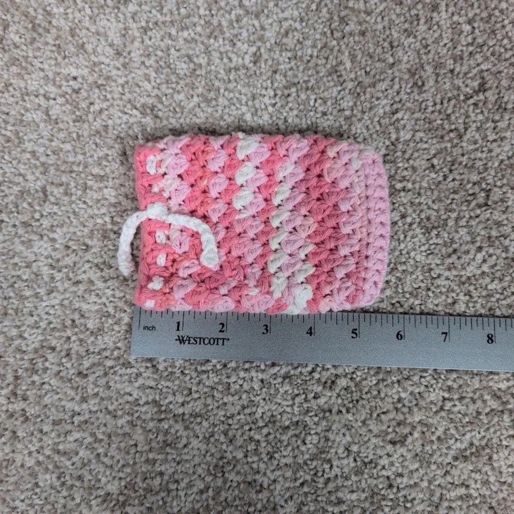 Handmade Crochet Soap Pouch Bag Pink White Ombre Drawstring Bath Shower